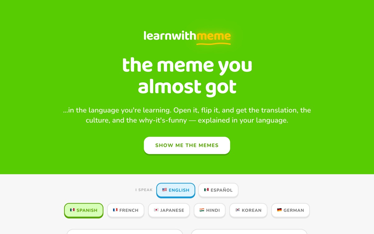 A bright green language-learning page with flippable meme cards