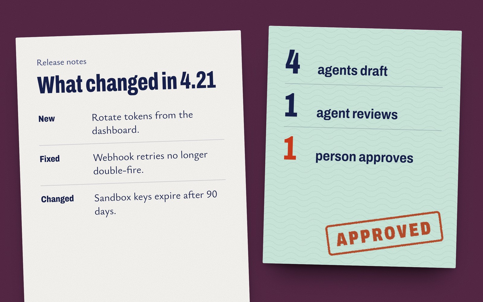 Illustration: a release note beside a slip stamped approved