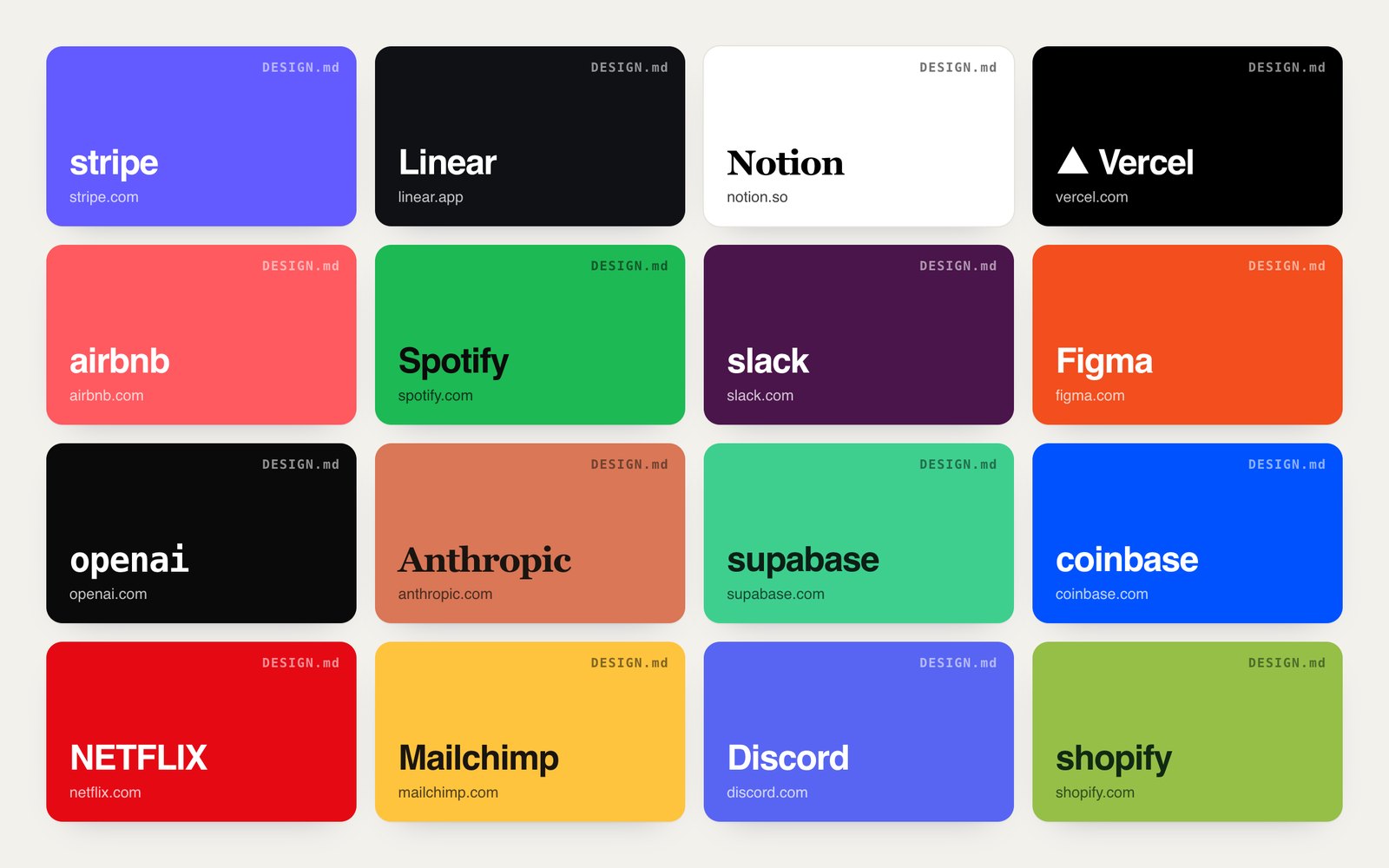 Sixteen brand cards from the set of 112