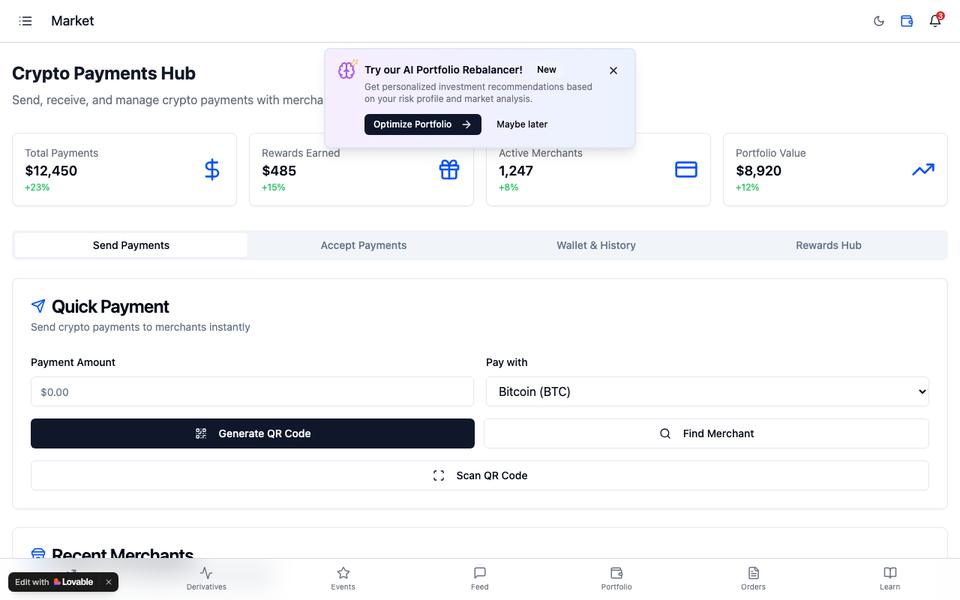 Coinbase-concept crypto payments screen. Demo data.