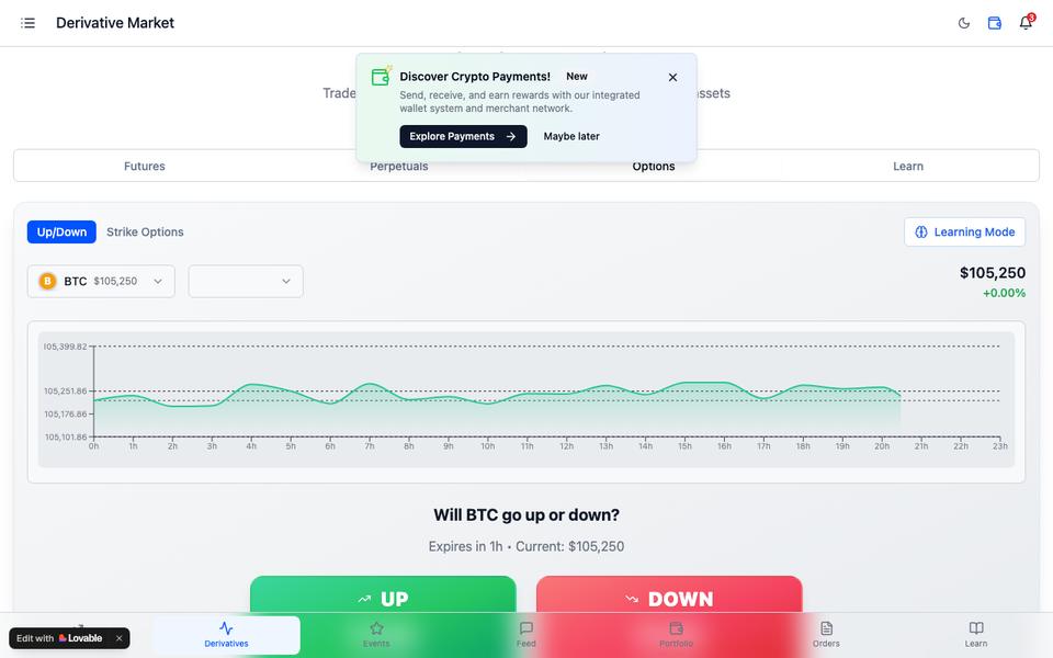 Coinbase-concept derivatives comprehension screen. Demo data.