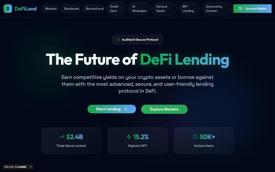 DeFiLend prototype home — demo stats, all figures illustrative.
