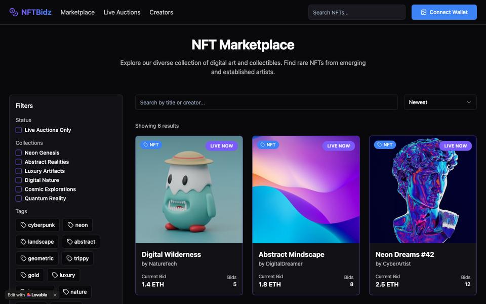NFT marketplace browse screen — collections grid, demo data.