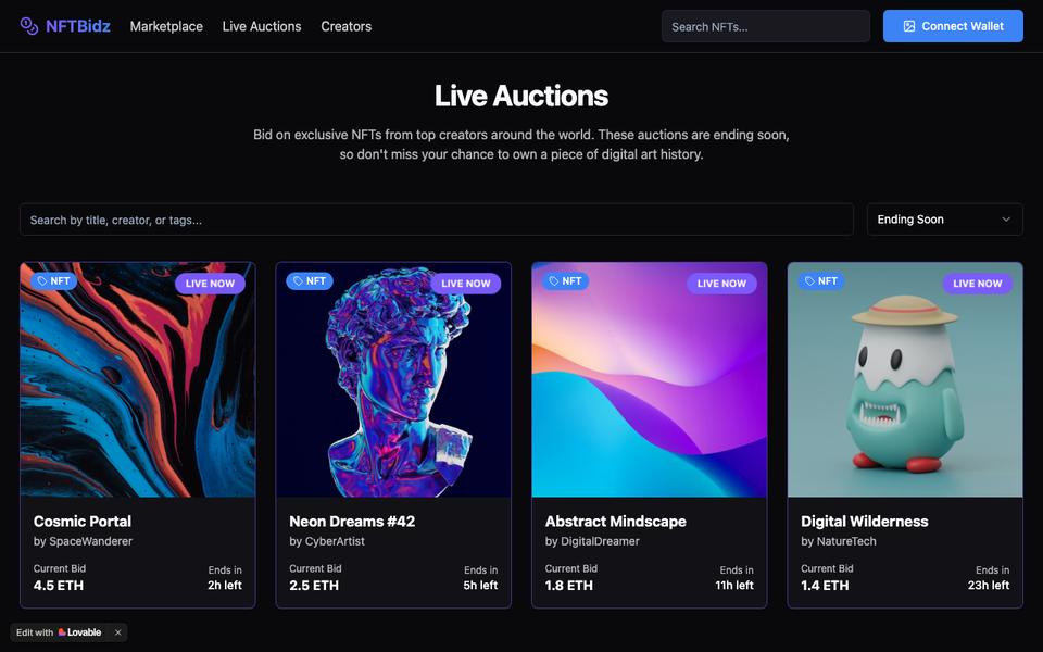 NFT live auctions screen — bidding in progress, demo data.