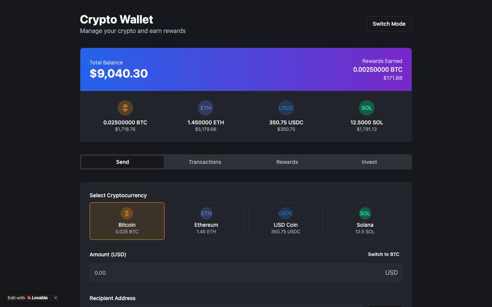 CryptoPos user wallet — balances, payments, rewards earned. Demo data.