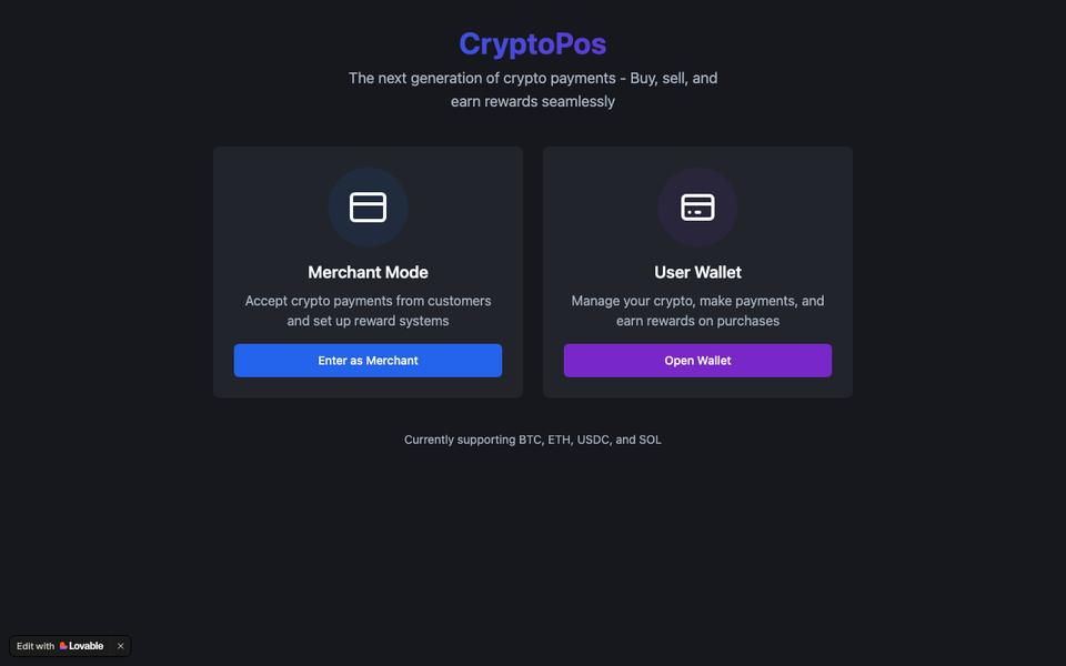 CryptoPos mode select — Merchant Mode and User Wallet. Demo data.