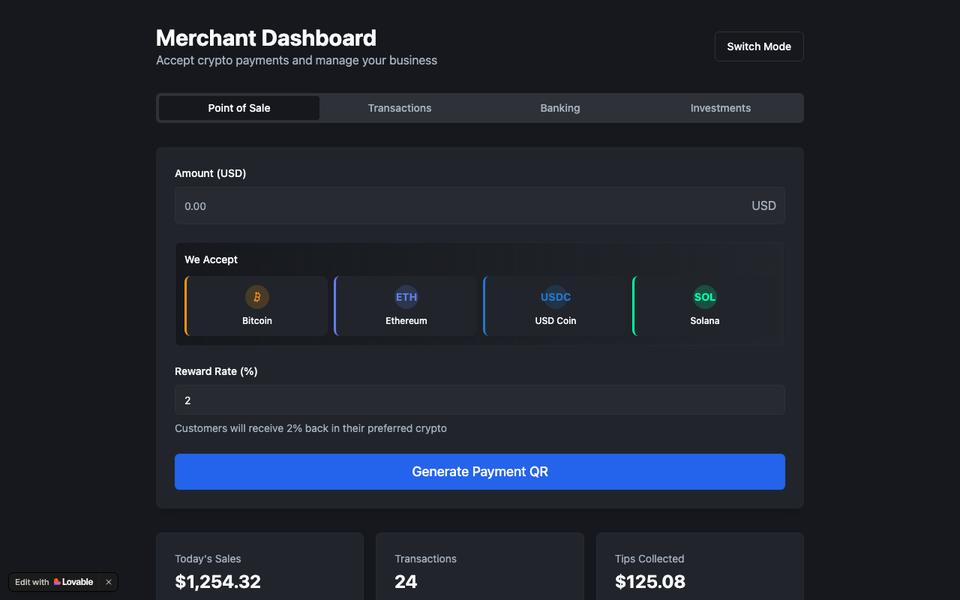 CryptoPos merchant dashboard — point of sale, accepted assets, reward rate. Demo data.
